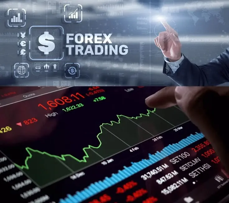 This may contain: a man in a business suit pointing at a forex trading screen with his hand