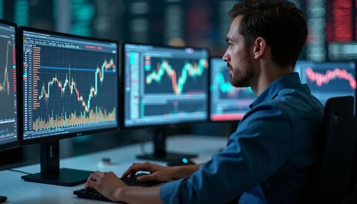 This may contain: a man sitting in front of three computer monitors