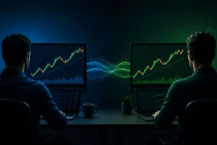 This may contain: two men sitting in front of computer monitors with candles on the screen, one man is looking at an upward chart