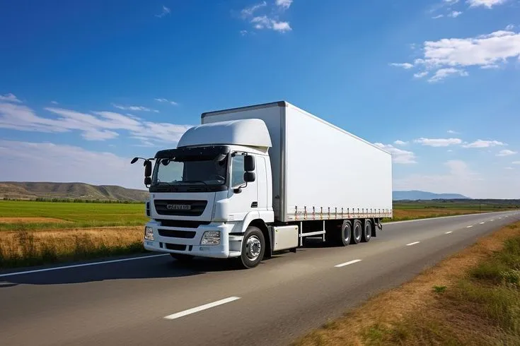 This may contain: a white semi truck driving down the road in front of a green field and blue sky