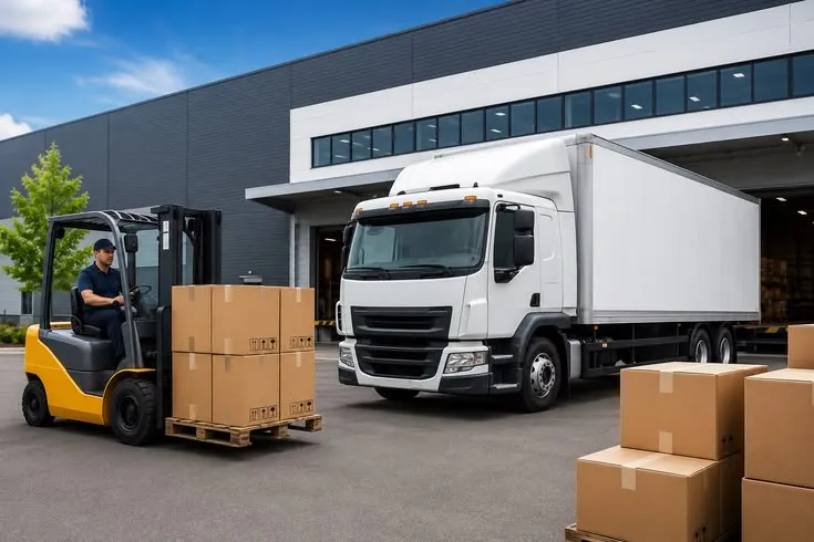 This may contain: a man driving a forklift next to boxes in front of a warehouse