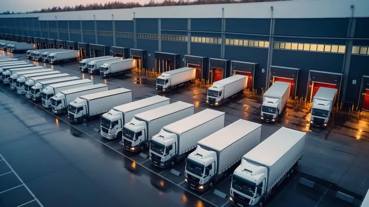 This may contain: several semi trucks parked in front of an airport terminal at night time with the lights on