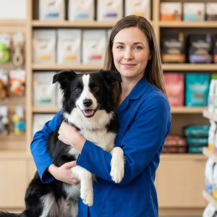 This may contain: a woman holding a black and white dog in a store