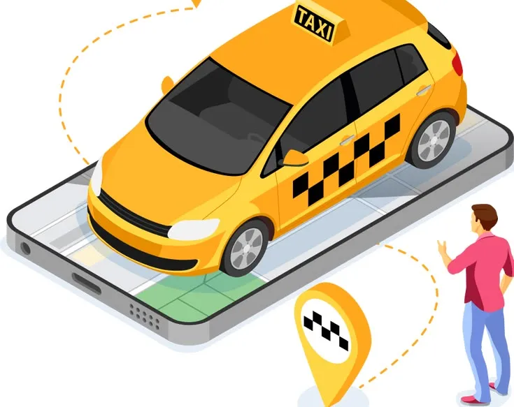 This may contain: a man standing next to a taxi cab on top of a cell phone with icons surrounding it