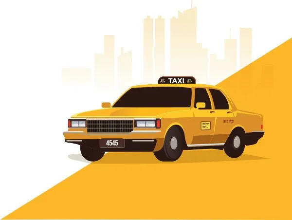 This may contain: a taxi cab is shown with the city in the background