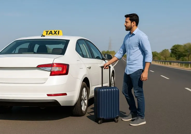 This may contain: a man standing next to a white car with a suitcase