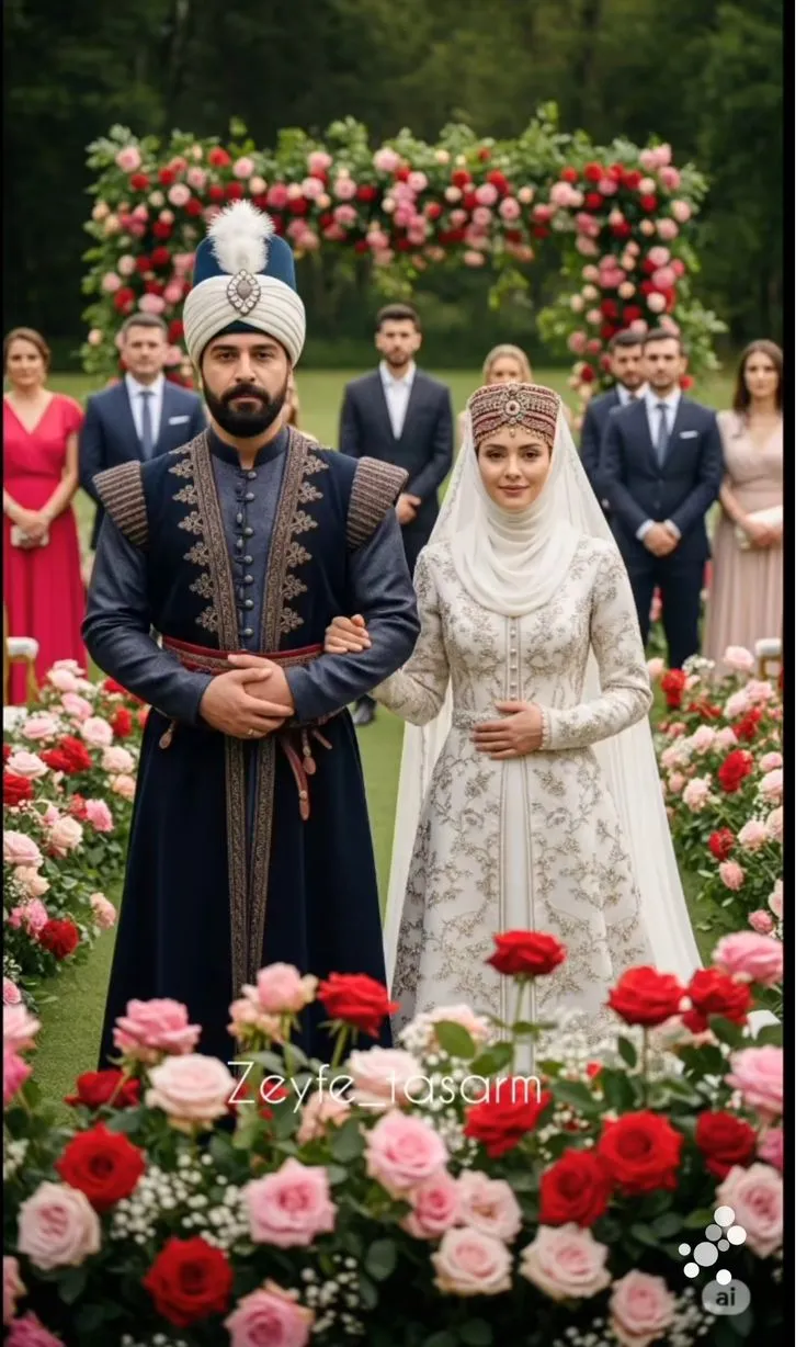 This may contain: a man and woman standing next to each other in front of some flowers with people behind them