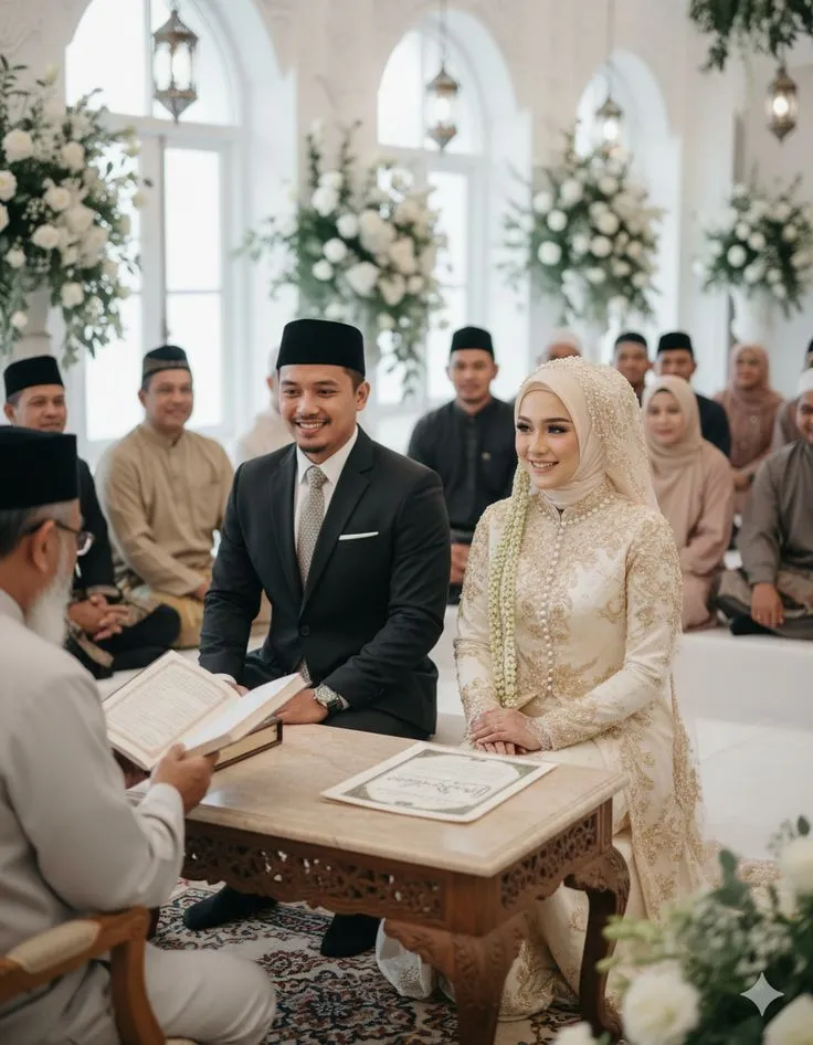 This may contain: a man and woman sitting at a table during a wedding ceremony