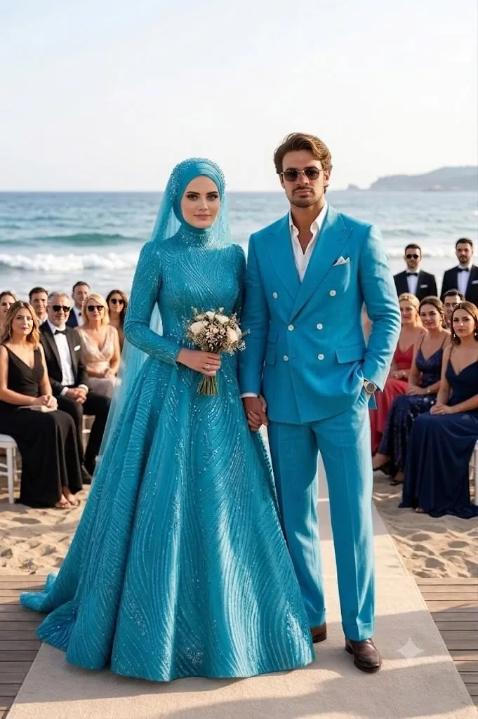 This may contain: a man and woman dressed in blue standing next to each other