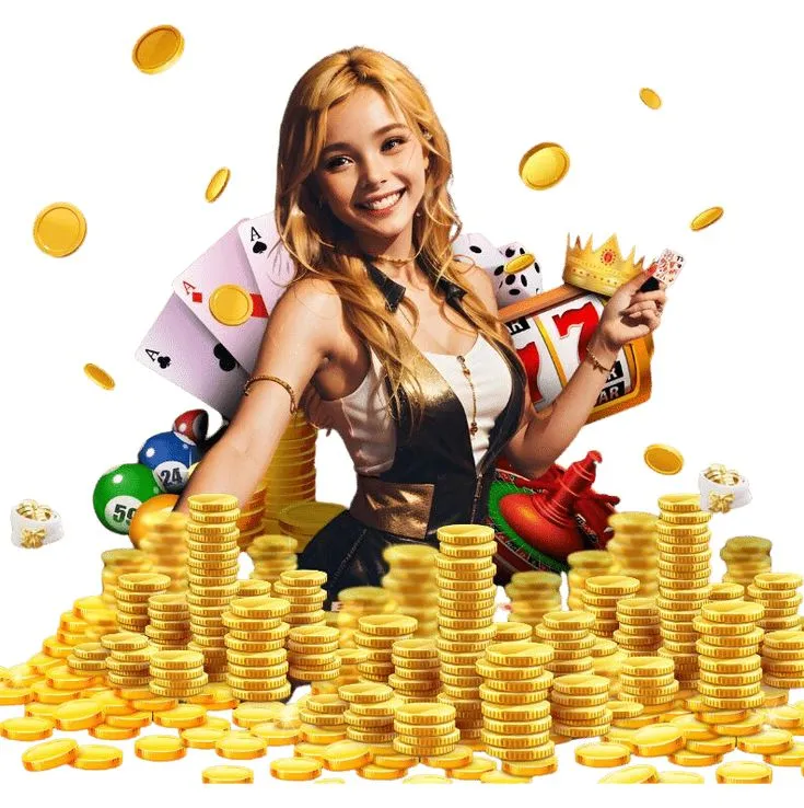 This may contain: a woman is surrounded by stacks of gold coins and playing cards with dices in the background