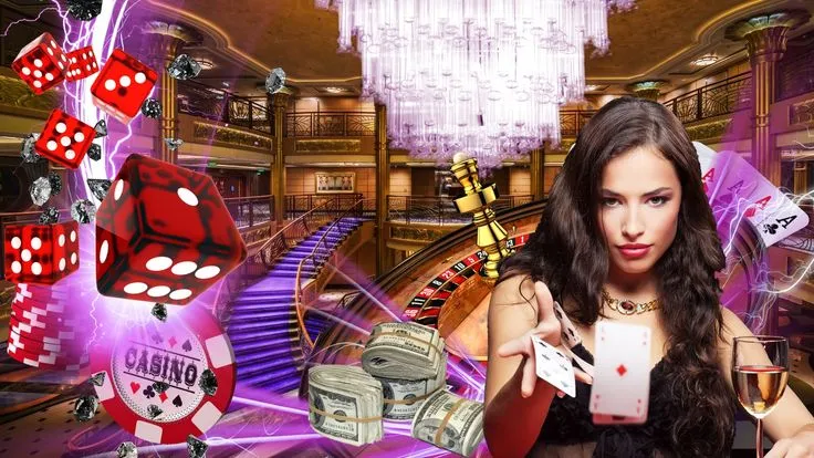 This may contain: a woman holding two cards in front of casino machines and dices on the floor