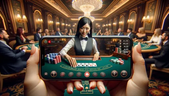 This may contain: a person holding up a cell phone in front of a casino table with people sitting at tables