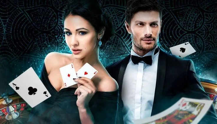 This may contain: a man and woman holding playing cards in front of an image of the same person
