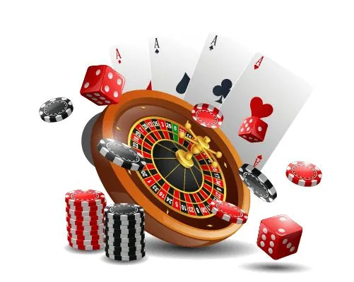 This may contain: a casino wheel with playing cards and dices on the side, surrounded by other gambling chips
