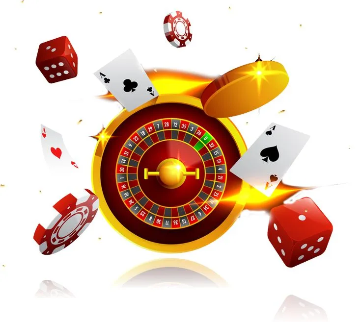 This may contain: a casino wheel surrounded by playing cards and dices with fire coming out of it
