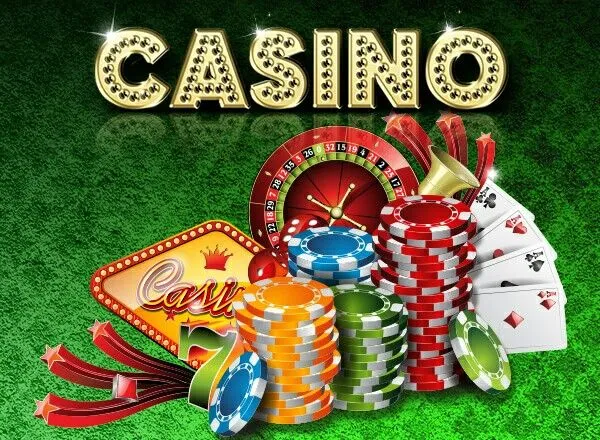 This may contain: casino games and gambling chips with the words casino on it in gold lettering over green grass