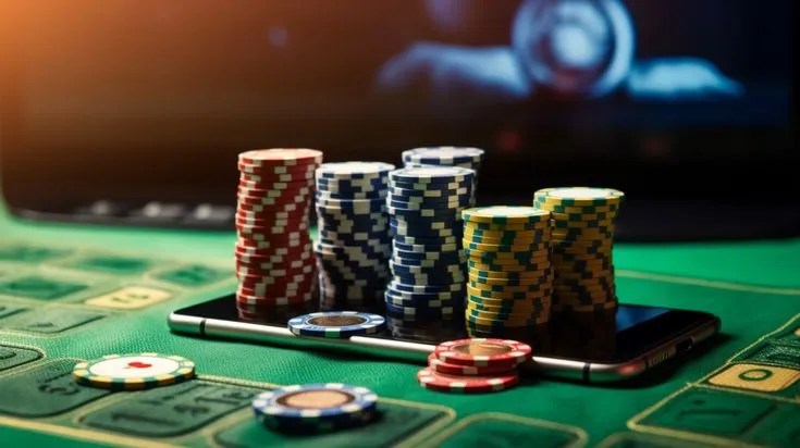 This may contain: several poker chips sit on top of a table next to a cell phone and casino chips