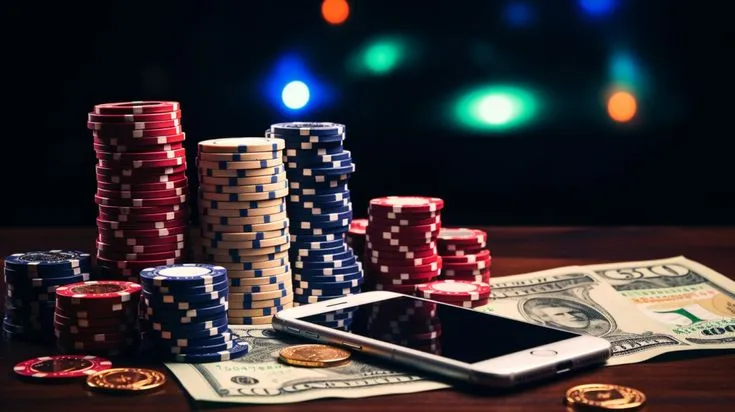 This may contain: stacks of poker chips next to a smart phone on top of money with lights in the background