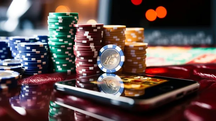 This may contain: a cell phone sitting on top of a table next to stacks of chips and poker chips