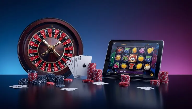 This may contain: a casino machine, dices and tablet on a table with playing cards next to it