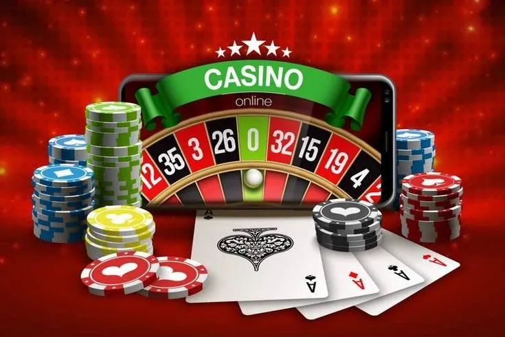 This may contain: casino games and gambling chips on red background