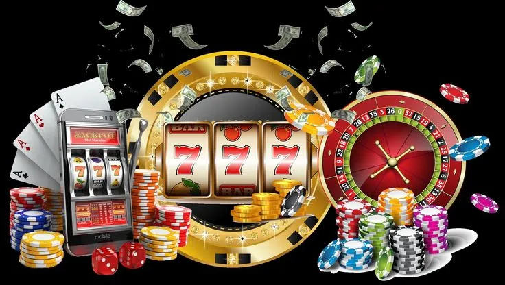 This may contain: casino machines and gambling chips with money falling from the top, on a white background