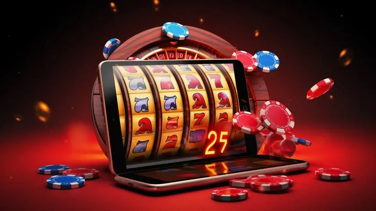 This may contain: a casino machine with red and blue chips next to it