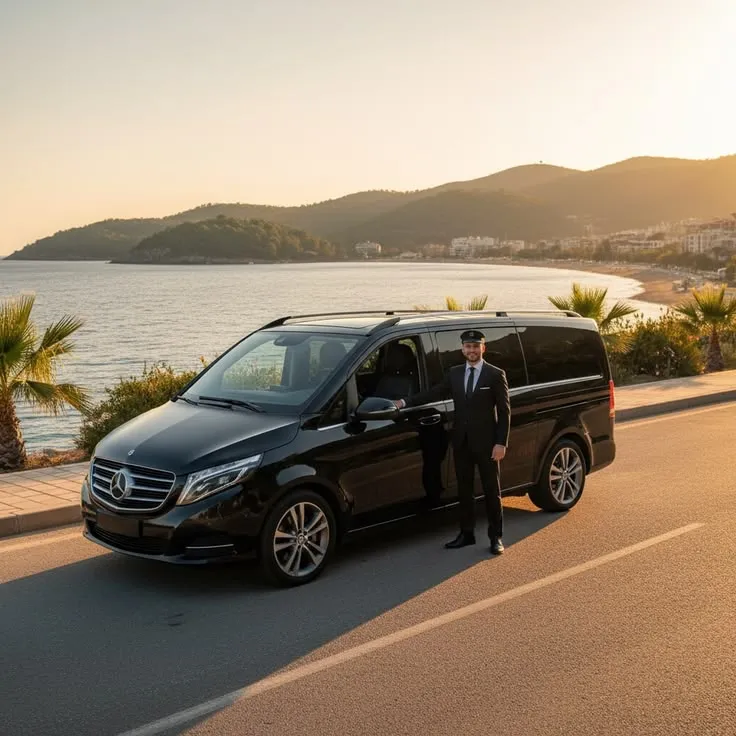 This may contain: a man in a suit standing next to a black van on the side of a road