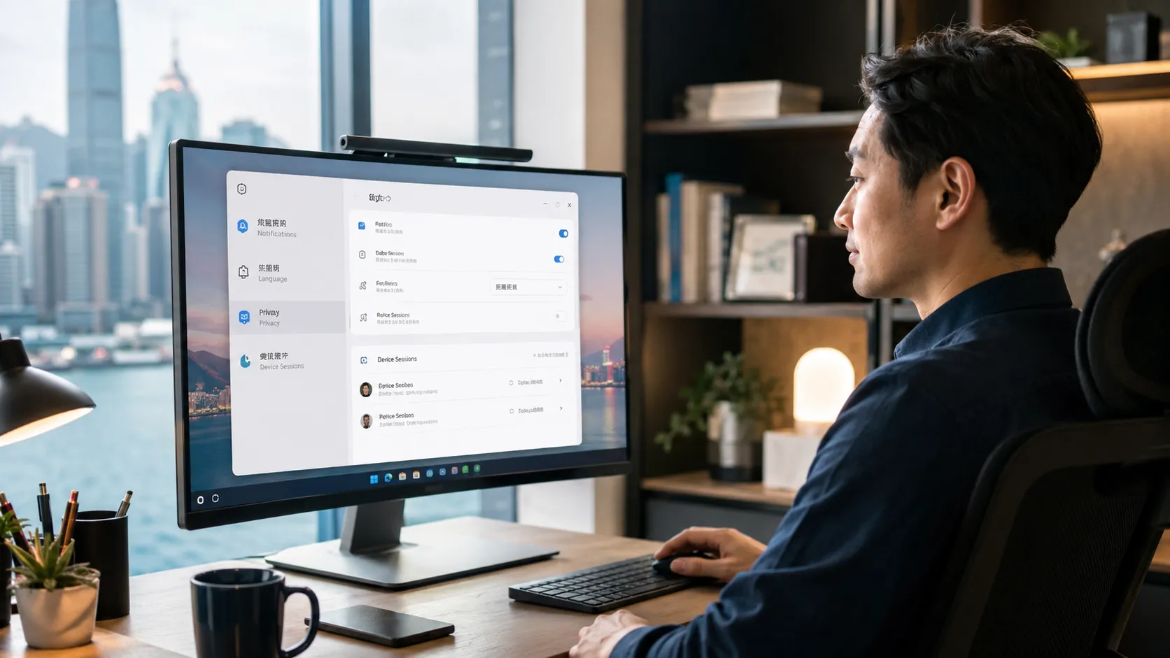 Asian desktop user in a Hong Kong-style workspace reviewing notifications, language, privacy, and device-session settings in a bilingual environment.
