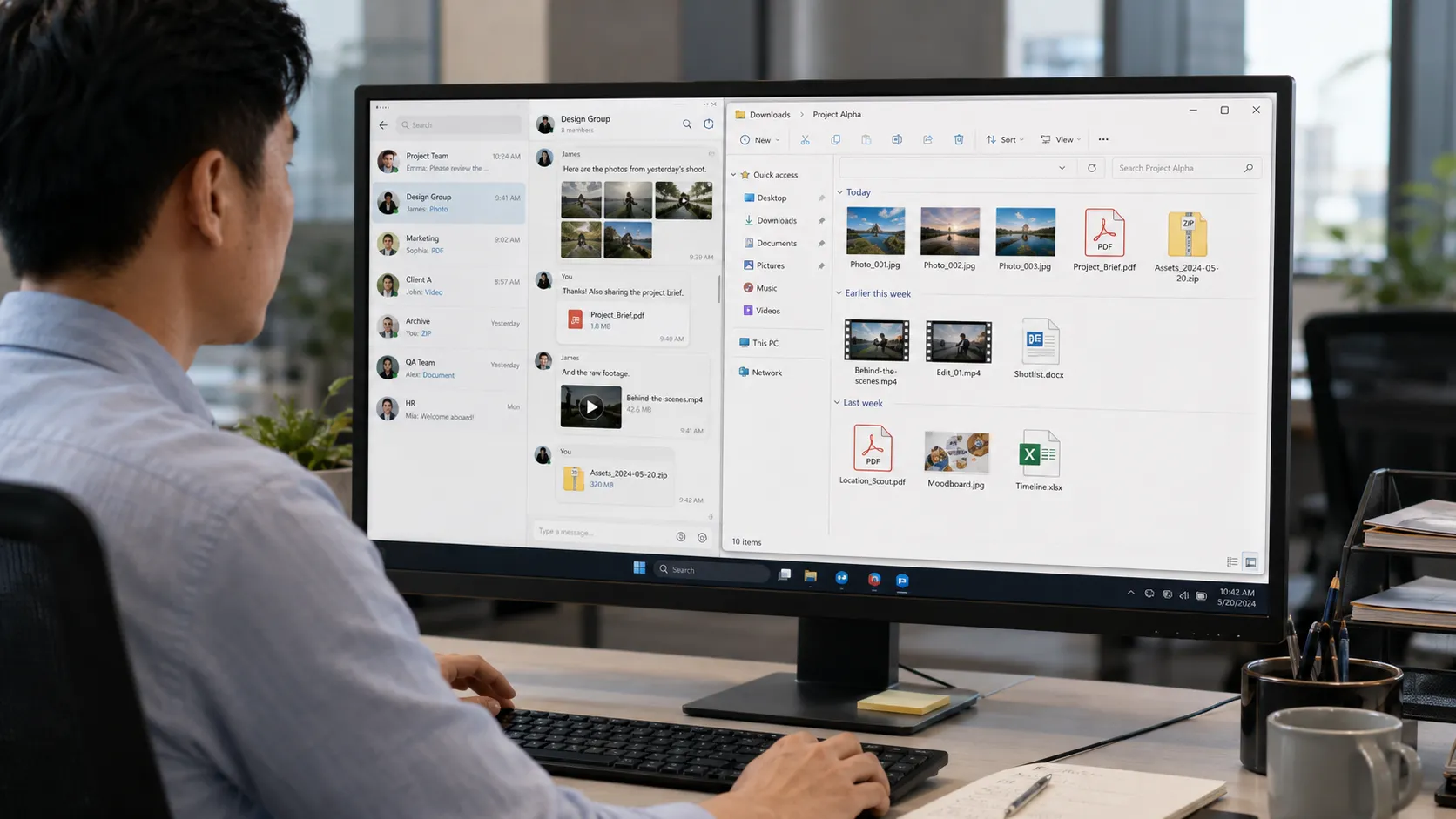 Asian office user organizing media downloads and work files beside a generic desktop messaging interface.