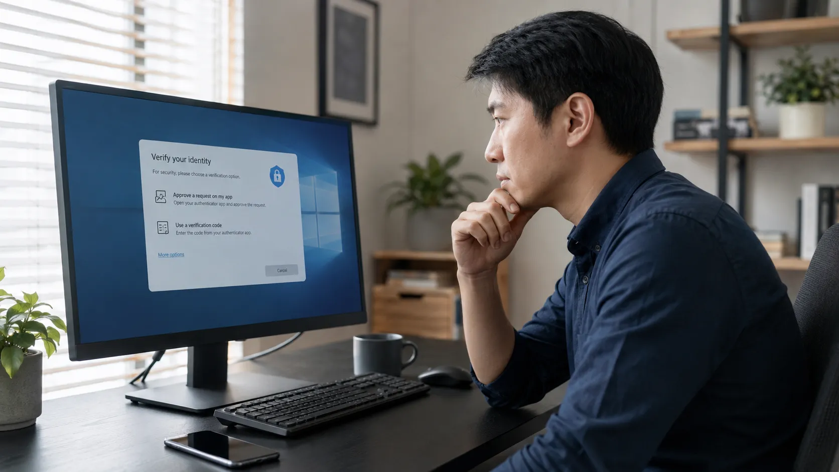 Asian desktop user troubleshooting a generic secure login verification screen with a smartphone nearby, without displaying private codes or phone numbers.