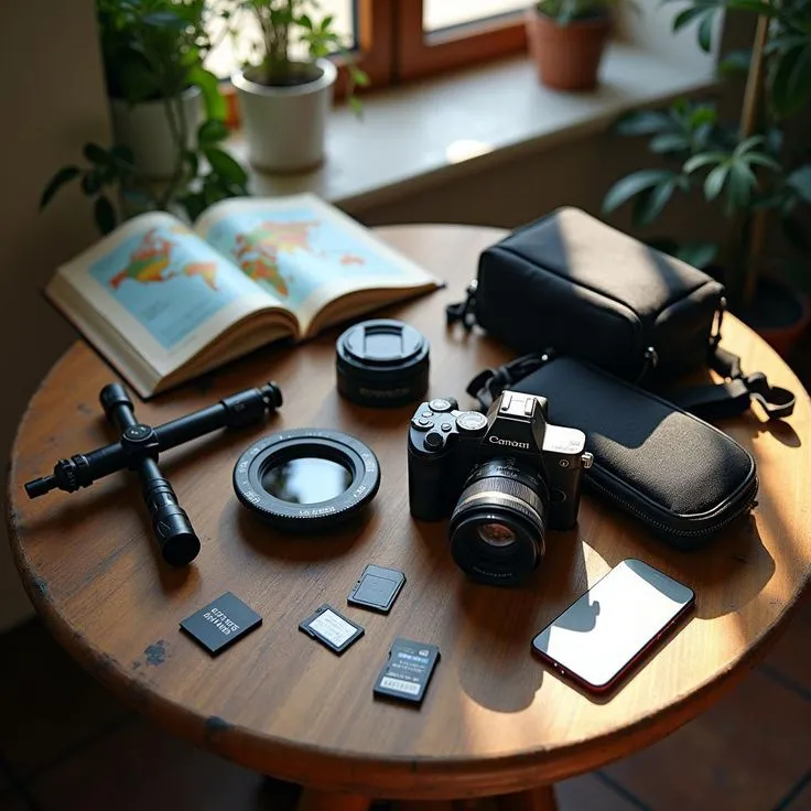 This may contain: an open book sitting on top of a wooden table next to a camera and other items