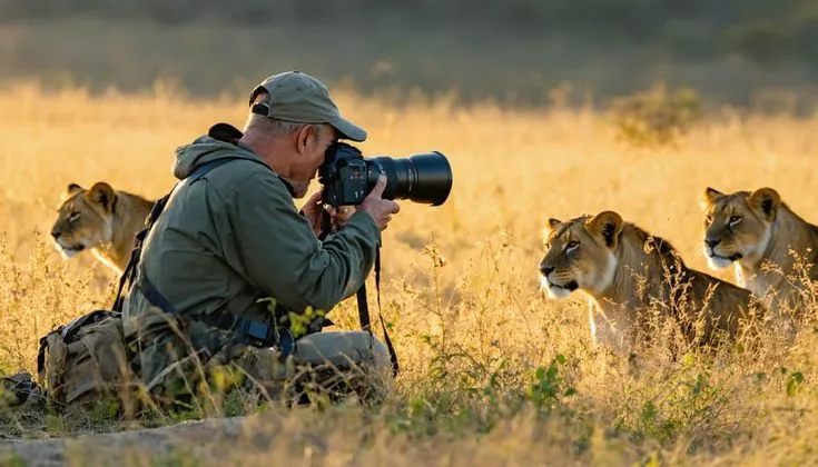 This may contain: a man with a camera taking pictures of lions