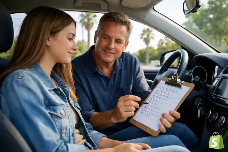 This may contain: a man and woman sitting in the back seat of a car looking at a clipboard