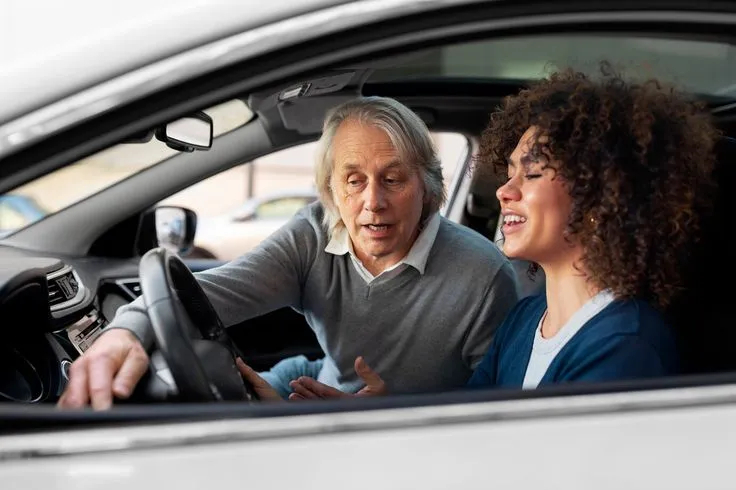 This may contain: an older man and woman sitting in the driver's seat of a car talking to each other