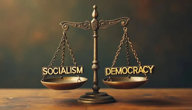 This may contain: two golden scales with the words socialism and democracy on them sitting on a wooden table