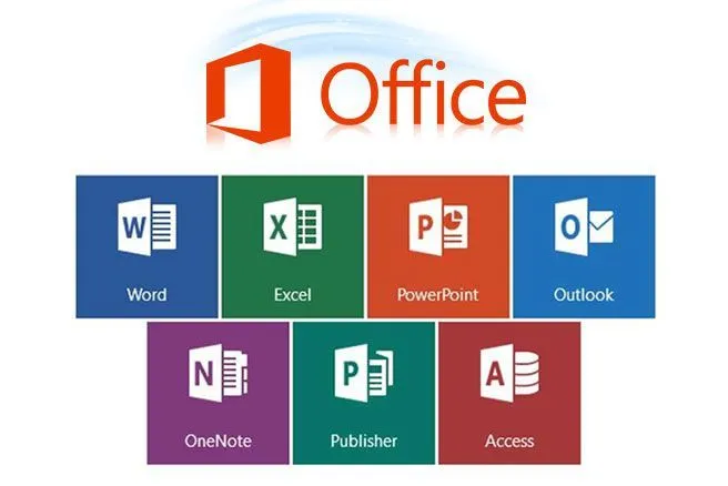 This may contain: the microsoft office logo is shown above several different color blocks with one word, powerpoint, and outlook