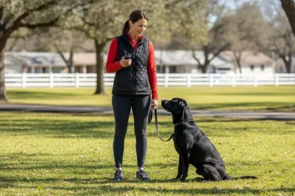 This may contain: a woman standing next to a black dog