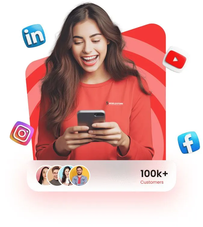 This may contain: a woman holding a cell phone in her hands and surrounded by social media icons on the screen