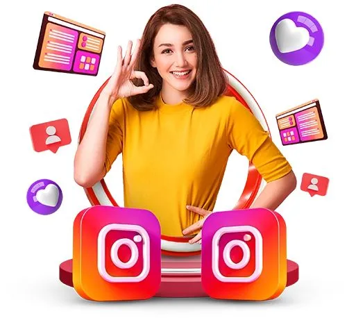 This may contain: a woman standing in front of an instagram icon with her hands on her hips