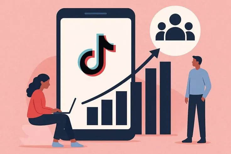 This may contain: two people standing next to a phone with an upward bar graph on the screen and one person looking at it
