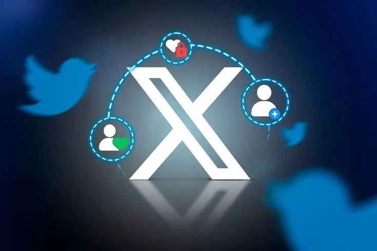 This may contain: several people are socializing on twitter with blue and red lights around them, as well as the letters x