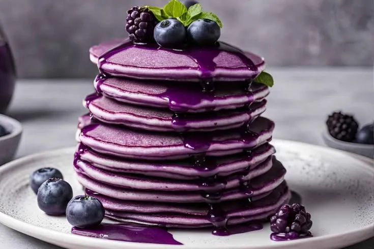 This may contain: a stack of pancakes covered in blueberries and syrup