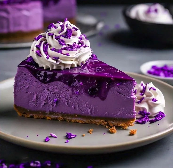 This may contain: a slice of cheesecake with purple icing on a plate