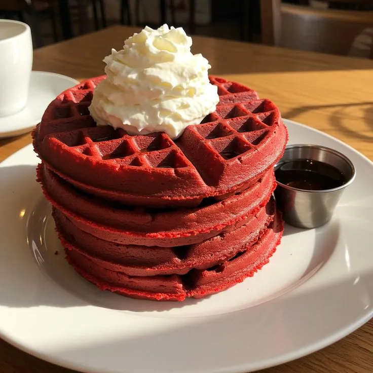 This may contain: a stack of red waffles with whipped cream on top