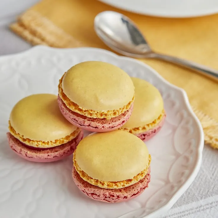 This may contain: four pink and yellow macaroons are on a white plate with a silver spoon