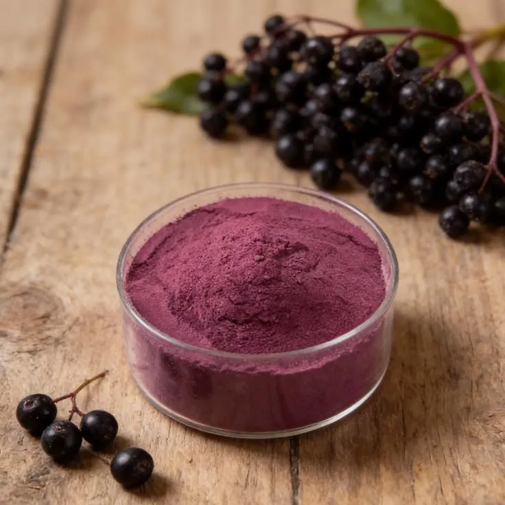 This may contain: a glass bowl filled with purple powder next to blackberries on a wooden table and green leaves