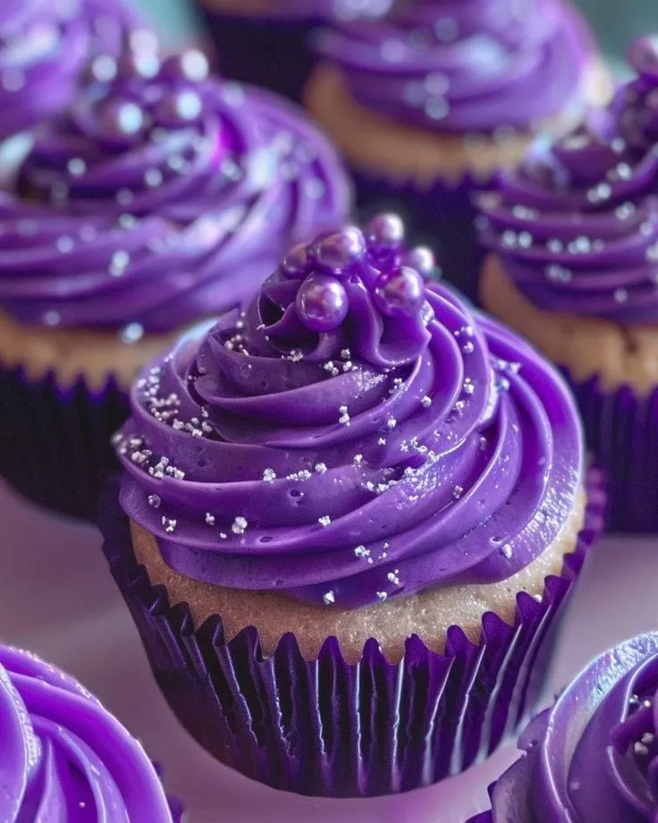 This may contain: cupcakes with purple frosting and sprinkles on them