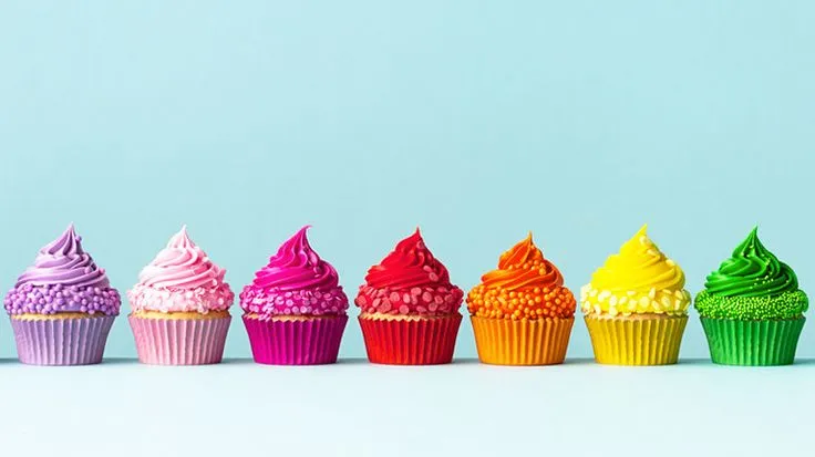 This may contain: a row of colorful cupcakes sitting on top of each other in front of a blue background