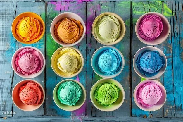 This may contain: six bowls filled with different colored ice cream